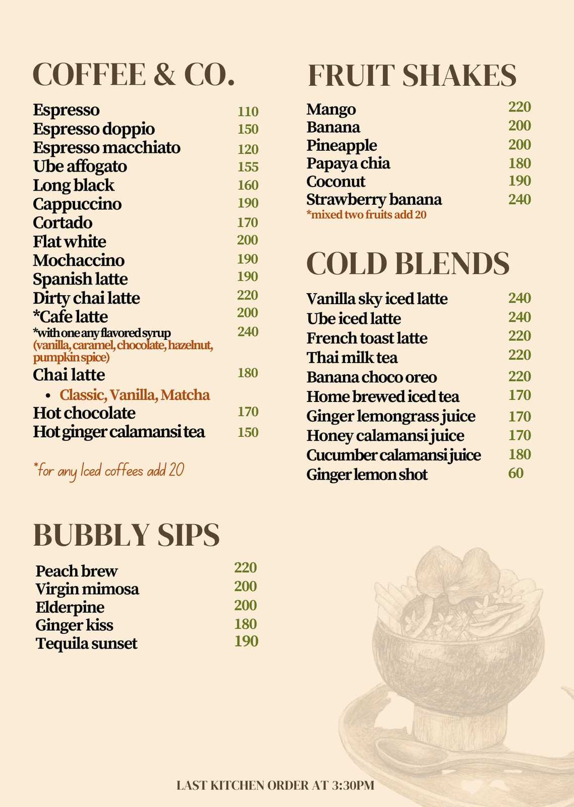 Coffee, Shakes and other Drinks Menu