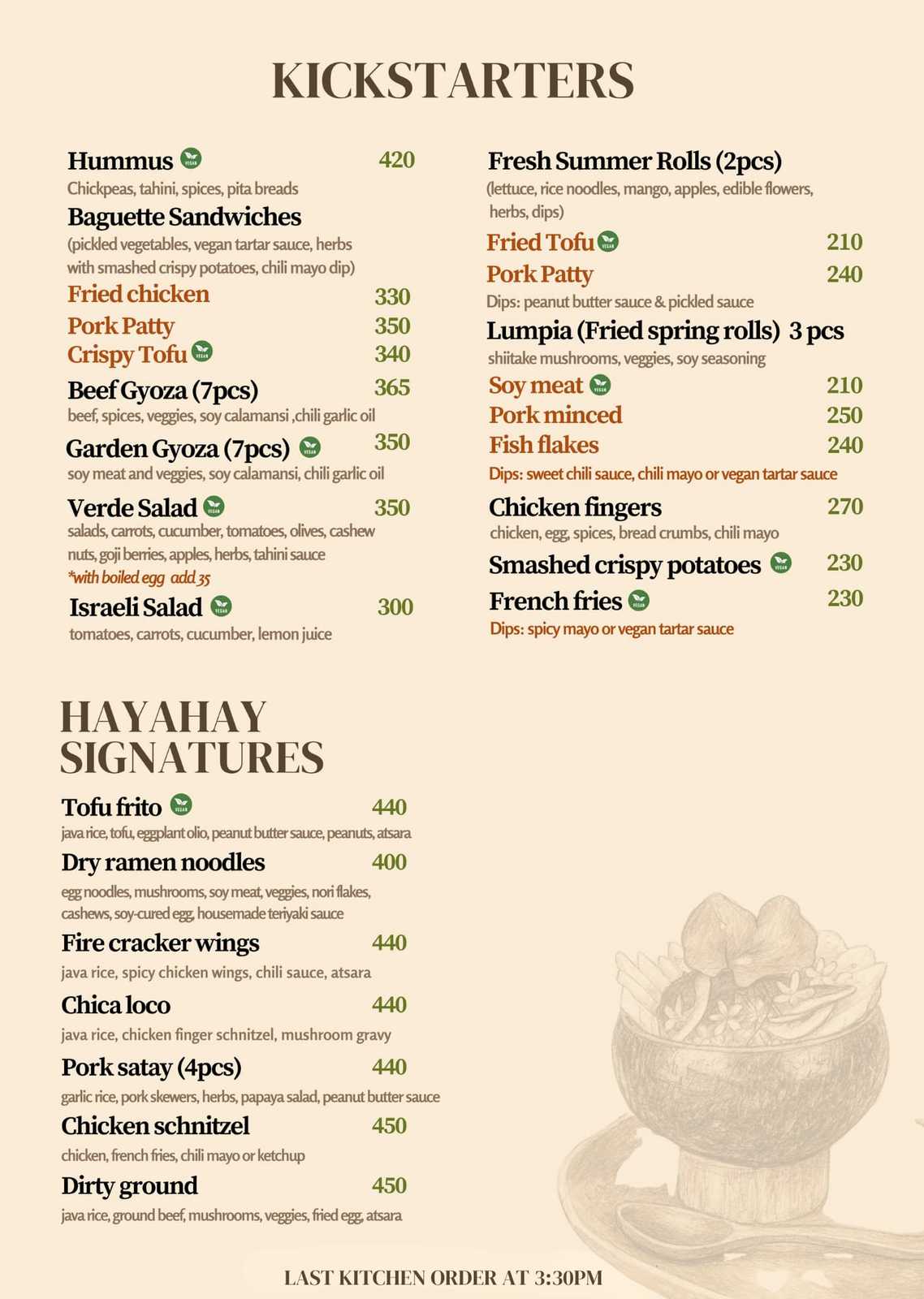 Kickstarters and Hayahay Signatures Menu