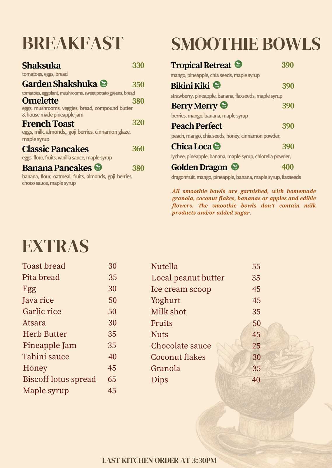 Breakfast, Smoothie Bowls and Extras Menu