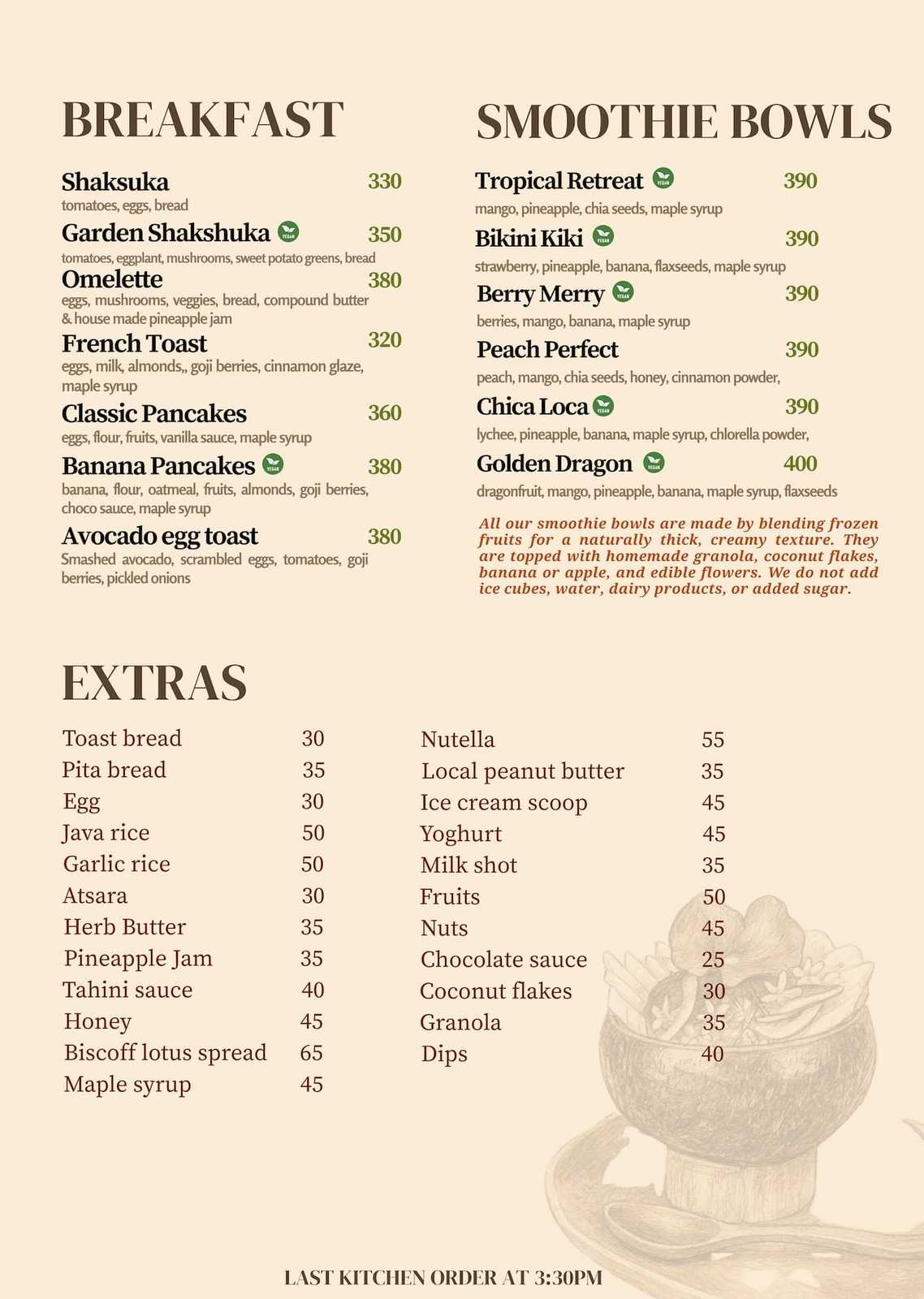 Breakfast, Smoothie Bowls and Extras Menu